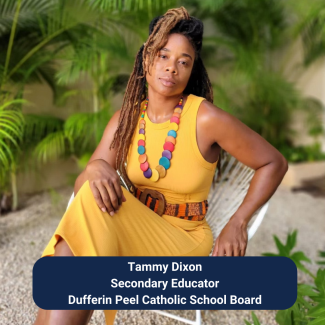 Blog contributor Tammy Dixon, a Black woman, sits serenely on a white chair in front of tropical greenery with one hand resting lightly on her crossed legs. She is wearing a yellow dress with an orange and brown belt at her waist, as well as a large necklace featuring bright multi-coloured discs. She wears her hair in locs that fall to her chest.
