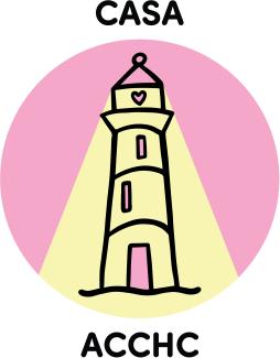 Canadian Anti-Stalking Association (CASA) logo: a lighthouse icon with a heart-shaped window illuminates a section of a pink circle in a soft yellow glow. The acronyms for “Canadian Anti-Stalking Association” (CASA) and “l’Association canadienne de lutte contre le harcèlement” (ACCHC) appear at the top and bottom of the circle, respectively.  