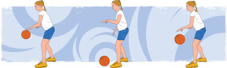 De gauche à droite : Une élève debout, légèrement inclinée vers l’avant, les pieds légèrement écartés et décalés, les bras fléchis vers l’avant, frappe de la paume un ballon de basketball vers le bas. La même élève a les bras toujours vers l’avant, mais cette fois le ballon est au sol. La même élève est légèrement inclinée vers l’avant, les pieds légèrement décalés et écartés, les bras fléchis vers l’avant, le ballon de basketball est sur le point de toucher la paume de sa main.