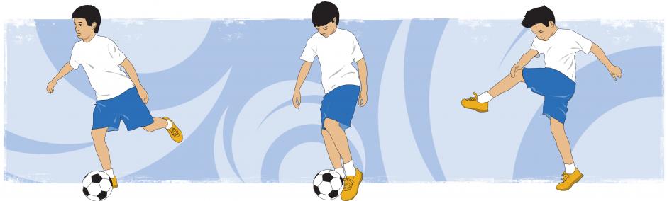De gauche à droite :  Un élève a le bras droit allongé vers la droite, un ballon de soccer est au sol près du pied droit et la jambe gauche est fléchie au genou. Le même élève cette fois tient le bras droit vers le bas et plus près du corps et le pied gauche est en contact avec le ballon. Le même élève tourne le tronc vers la jambe gauche qui est élancée vers la droite. Le ballon a été botté au loin.