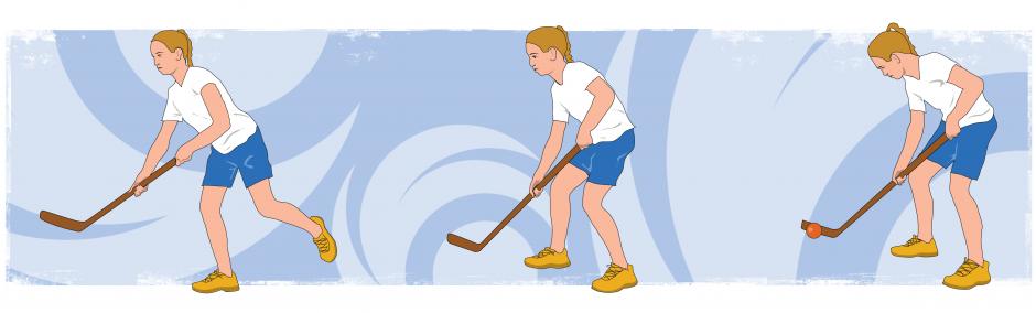 De gauche à droite : Une élève est inclinée vers l’avant, tient un bâton de hockey et sa jambe gauche est fléchie au genou. La même élève tient toujours le bâton de hockey; cette fois, ses pieds sont écartés, un pied est légèrement devant l’autre et les genoux sont légèrement fléchis. La même élève, dans la même position, mais maintenant une balle se trouve contre la lame du bâton de hockey.