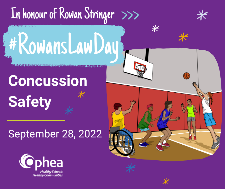 In honour of Rowan Stringer: Rowan's Law Day - Concussion Safety on September 28, 2022. Beside the text is an illustration of students playing basketball in a gym.
