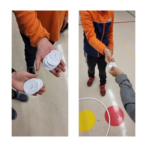 Two images side by side. The first image shows two students with palms outstretched to display piles of paper coins. In the second image, the students are exchanging a paper toonie.