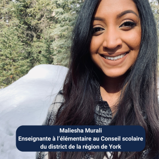 Maliesha Murali, contributrice au blogue, est une femme d'origine sud-asiatique. Elle sourit sur un selfie pris devant un fond hivernal avec des tas de neige et des conifères. Ses cheveux noirs et lisses tombent librement sur ses épaules.