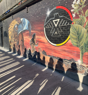 Photo d'une peinture murale autochtone et des ombres de 12 personnes qui s'y reflètent. 